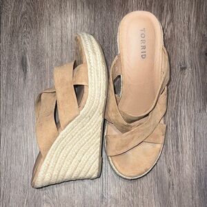 torrid tan suede crisscross espadrille wedge sandals